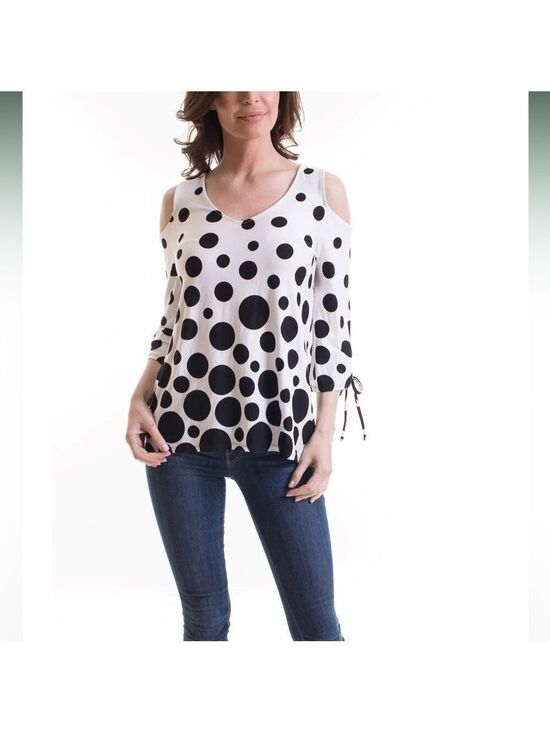 Vecceli Italy Tops - Vecceli Italy Cold Shoulder V-Neck Tunic White Black Dots Size S